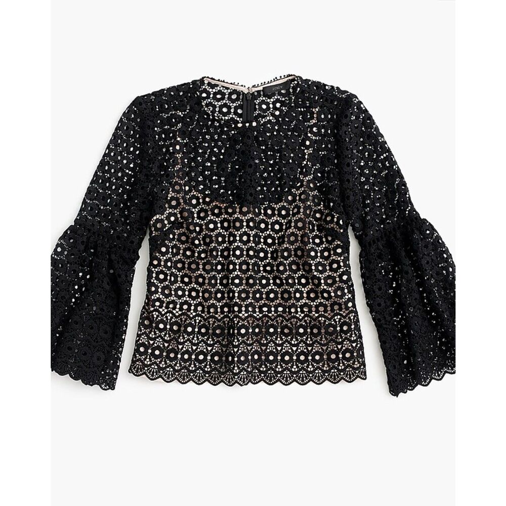 NWT J.Crew Black Daisylace Bell Sleeve Blouse Top Size 4 Floral Lace G9911 $118